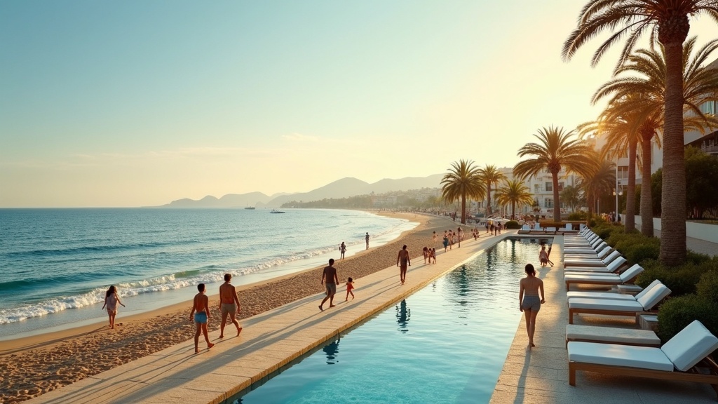 Morgonpromenad på Costa del Sols strandpromenad med palmer, njut av utomhusaktiviteter året runt i medelhavsklimat.