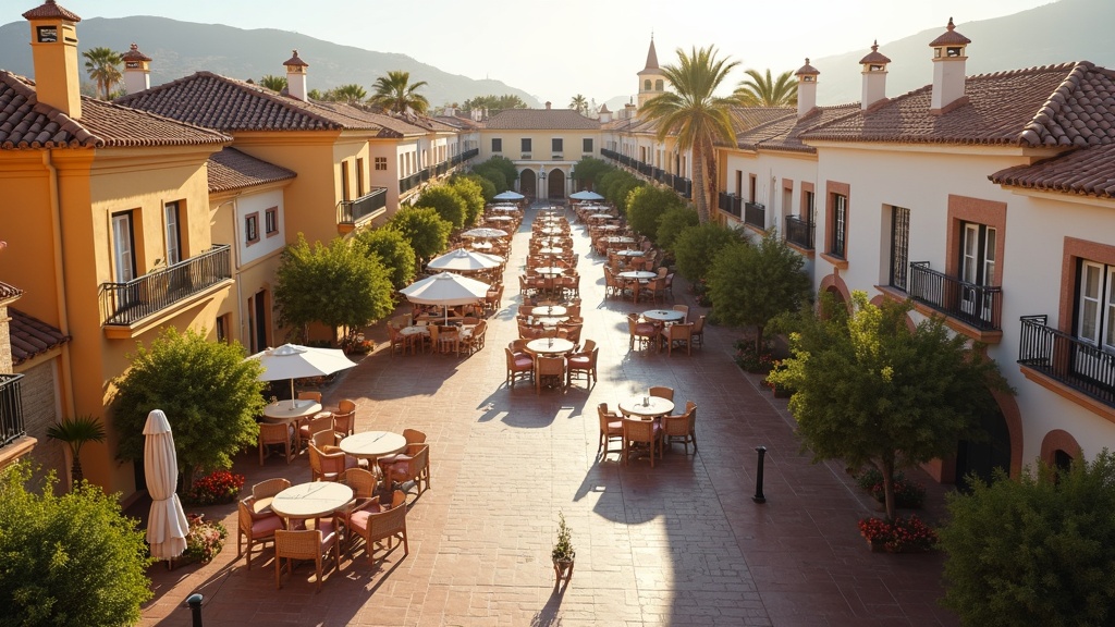 Charming Spanish plaza in Costa del Sol, embodying lifestyle with golfbanor vid havet vandringsleder berg naturupplevelser.