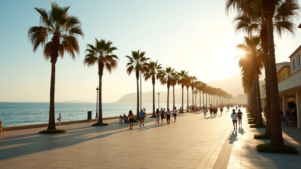 Costa del Solin ilmasto, leudot talvet, aurinkoinen talvi: Ihmiset kävelevät aamuauringossa merenrantapromenadilla.