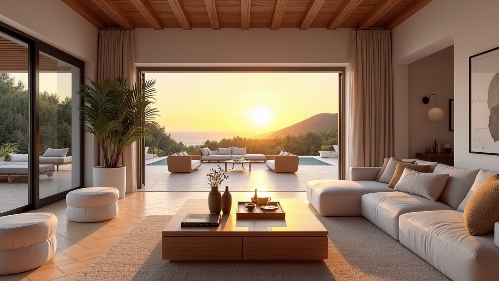 Luksusasunnon olohuone Costa del Solin ilmastossa, elämänlaatu auringon alla, tasainen sää, täydellinen ulkoiluun.