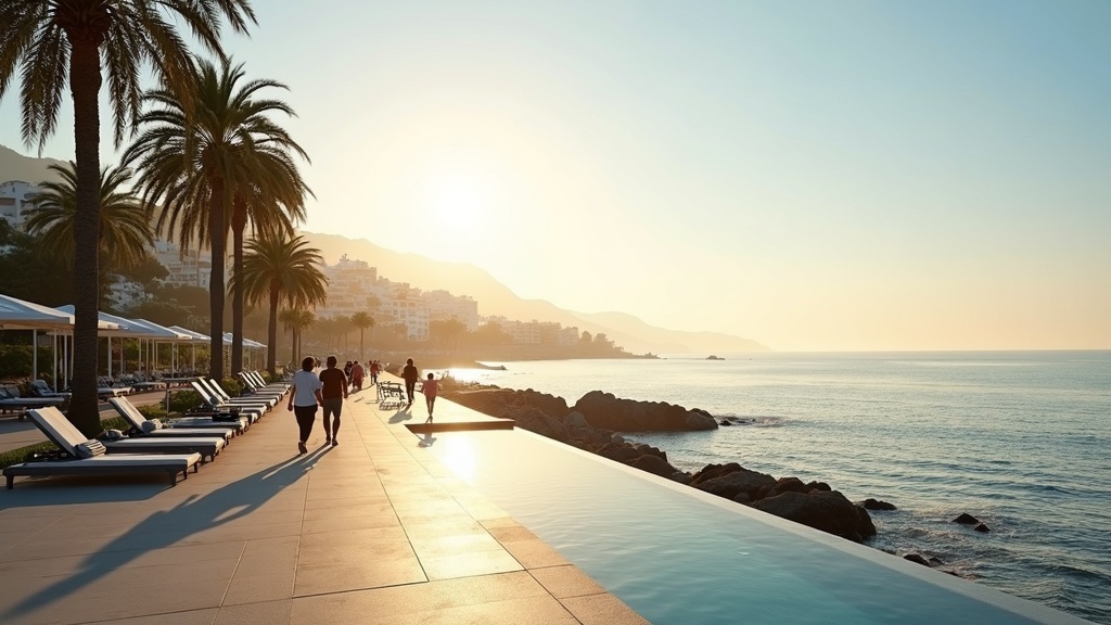 Goldene Morgenstimmung an der Strandpromenade der Costa del Sol. Menschen genießen den Naturzugang – perfekt für Neubaugebiete Costa del Sol.