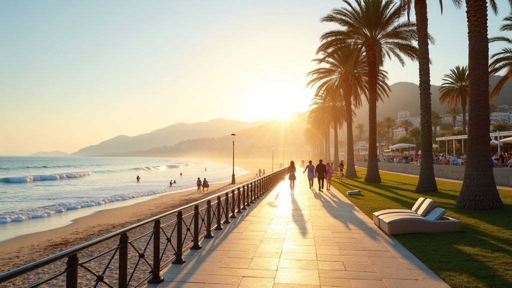 Golden morning light over a vibrant Costa del Sol beach promenade with palm trees and people enjoying the doux climat méditerranéen.