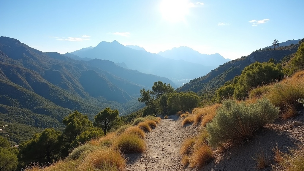 Sierra Blanca hiking trails showcasing the vibrant flore résistante à la sécheresse Costa del Sol under bright sun.