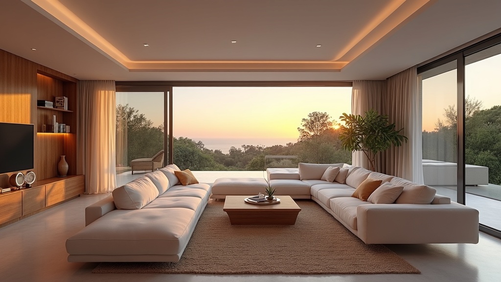 Luxury Costa del Sol living room: Spanish design, modern finishes, natural light. Compare lifestyle impact for biodiversity.