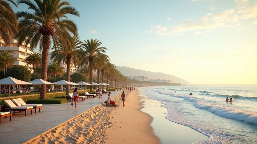 Életminőség a tengerparton Costa del Sol: Pálmafás sétány, emberek a mediterrán reggeli fényben.