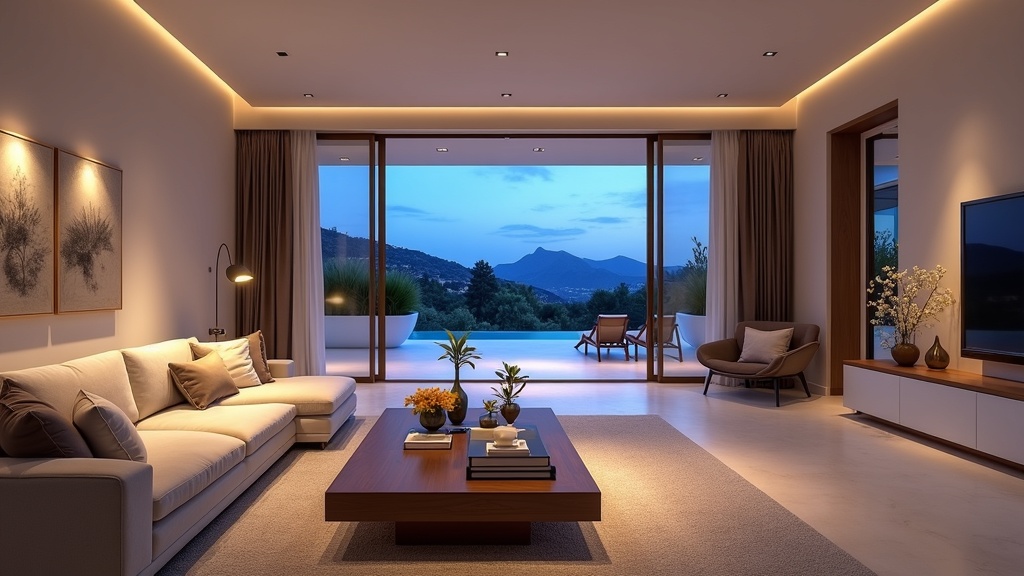 Luksuriøst spansk interiør for et stressfrit liv solen Costa del Sol; rummelig stue med aftenlys og terrasseadgang.