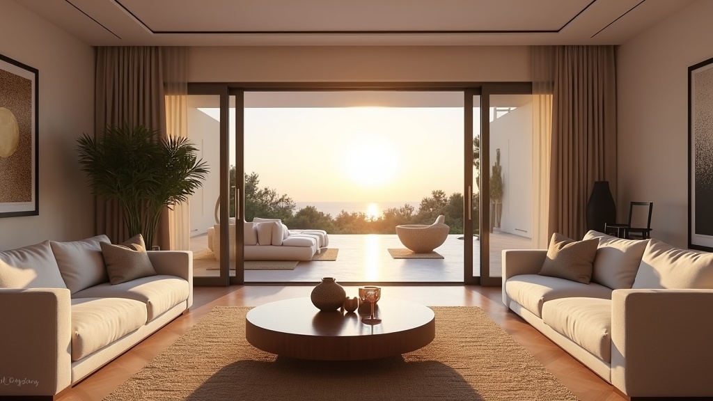 Eksklusive boliger havudsigt Costa del Sol: Luksuriøs spansk villa, rummelig stue med solnedgang og moderne design.