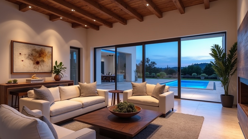 Luksuriøst interiør: kjøpe sekundær bolig Costa del Sol, investering Costa del Sol. Romslig stue, moderne spansk design, terrasse, blått lys.