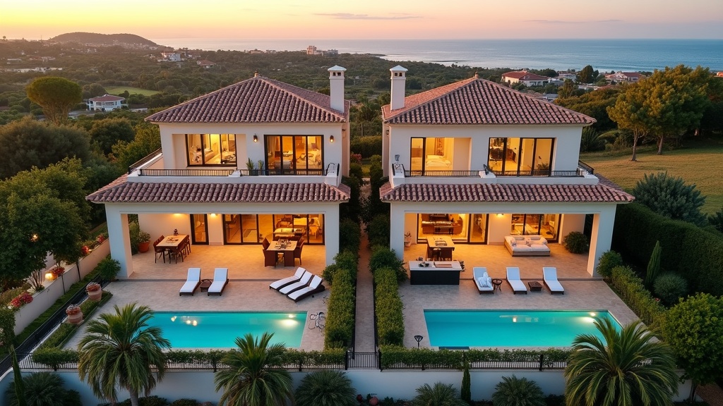 Two luxury spa resorts in Marbella, Costa del Sol: side-by-side architectural, interior, and price comparison, warm amber glow.