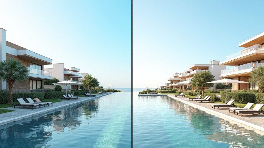 Split-screen comparison: modern urban vs. beachfront traditional architecture for investment property in Marbella.