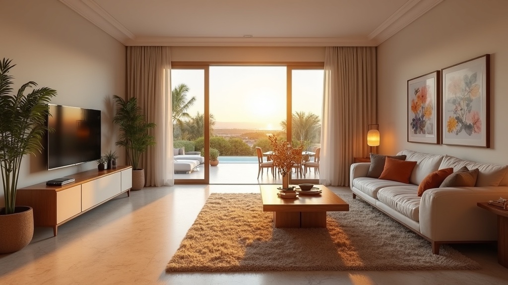 Luksuriøs stue med sjøutsikt og fjelliv på Costa del Sol, moderne spansk design, MOFU.