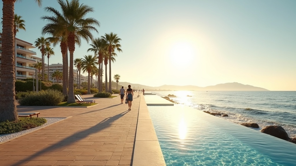 Golden morning on a Costa del Sol beach promenade, inspiring the question: is a lawyer needed on the Costa del Sol?