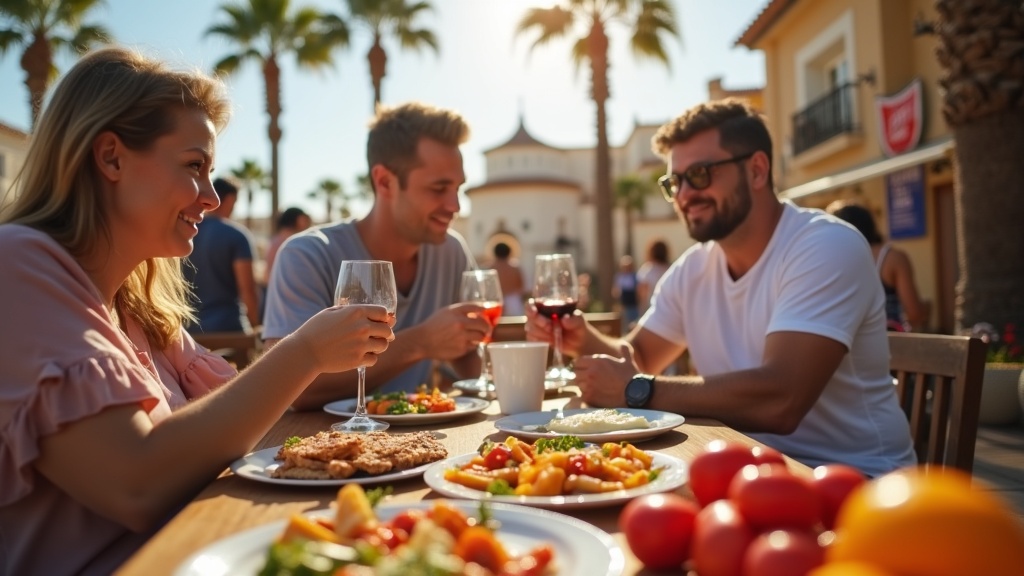 Expats enjoying authentic Spanish life in Costa del Sol market, showcasing the lifestyle aspects of navigating spanish property law costa del sol.