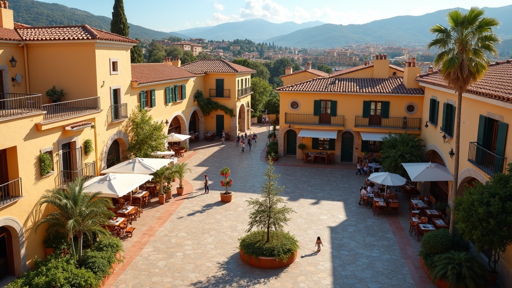 Charming Costa del Sol town square with traditional architecture & outdoor dining, highlighting the lifestyle of potential property buyers avoiding legal issues.