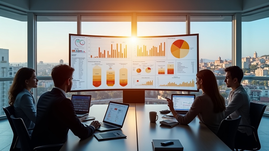 Málaga Costa del Sol Airport vastgoedinvesteringen 2025 NL analyses. Moderne kantoorprofessionals bestuderen vastgoeddata met uitzicht op Málaga.
