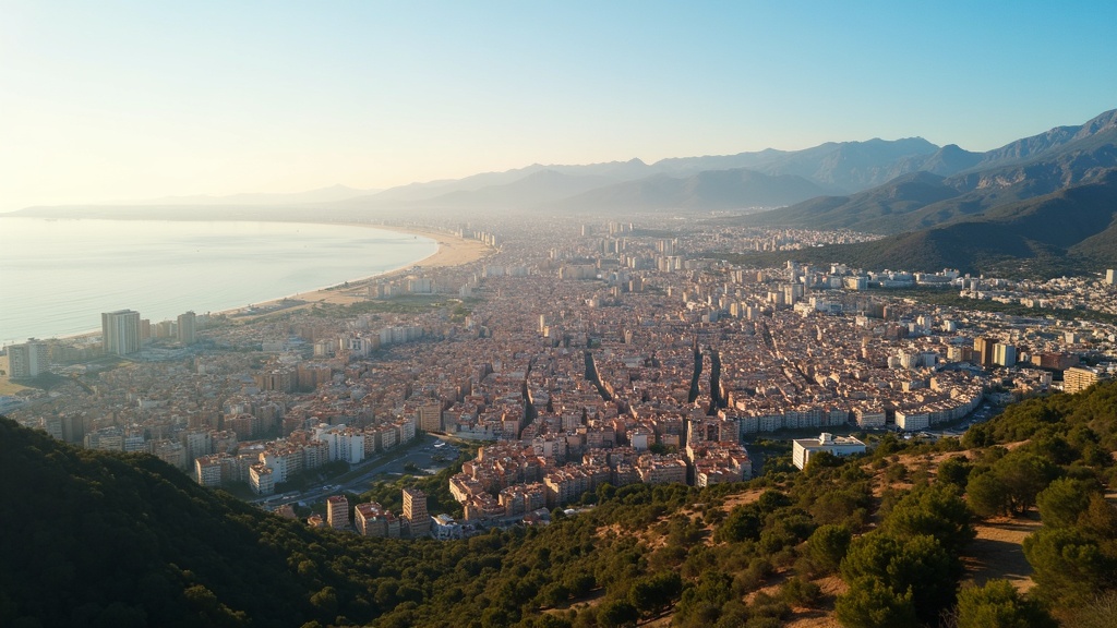 Superbe vue aérienne de Málaga au lever du soleil: découvrez les paysages naturels de la Costa del Sol, entre mer et montagnes, avec ses parcs et réserves, de Málaga à Sotogrande.
