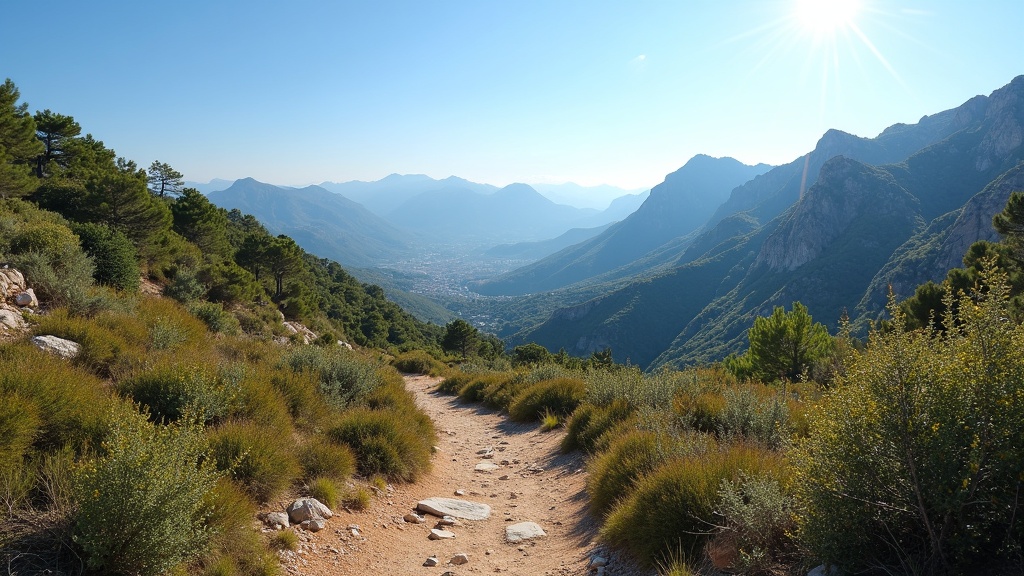 Panoramic views of Sierra Blanca mountains & hiking trails under midday sun, inspiring exploration of Parc Naturel de Los Alcornocales Costa del Sol, forêts de chênes-lièges Andalousie.