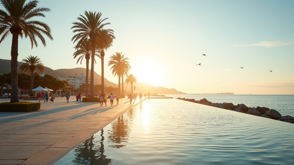 Kuinka monta tuntia aurinko paistaa keskimäärin päivittäin Costa del Solilla? Ihmisiä kävelemässä rannan palmupromenadilla aamun valossa, Välimeren rannalla.