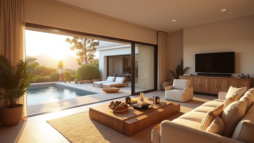 Tilava olohuone Costa del Solin luksusasunnossa – elämänlaatu auringon alla, positiivinen elämänrytmi ja sijoituskohde.