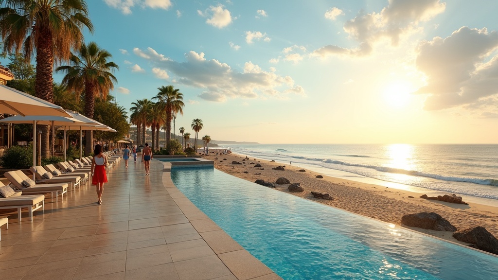 Linia brzegowa Costa del Sol: promenada, palmy, Morze Śródziemne, aktywności na świeżym powietrzu o poranku.