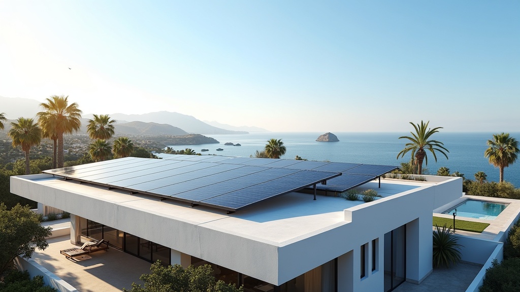 Eco-friendly property Spain: Luxury Costa del Sol home with solar panels, palm trees, and ocean views under golden morning light.