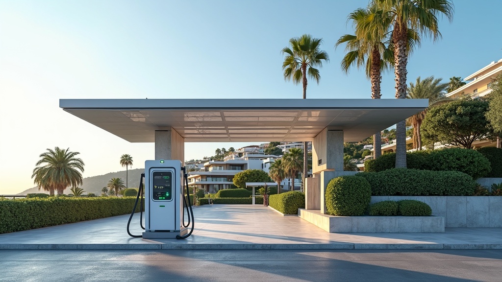 Stylish EV charging with solar at a luxury Costa del Sol property, showcasing BREEAM certification Spain LEED certification Spain eco-lifestyle.