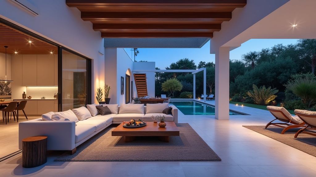 Costa del Sol property interior: spacious living room, blue hour light, luxury finishes. Ideal for leuto talvi, lämmin kesä, tasainen sää.