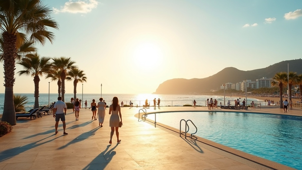Beach promenade with palm trees and people enjoying a vibrant Costa del Sol morning, showcasing the area's rich flora en fauna.