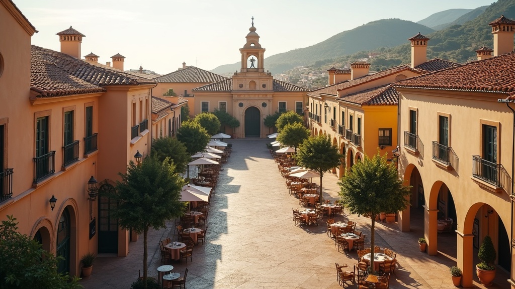Levendige Costa del Sol plaza onder zachte zon, symbool van het rijke leven en biodiversiteit Zuid-Spanje Costa del Sol.