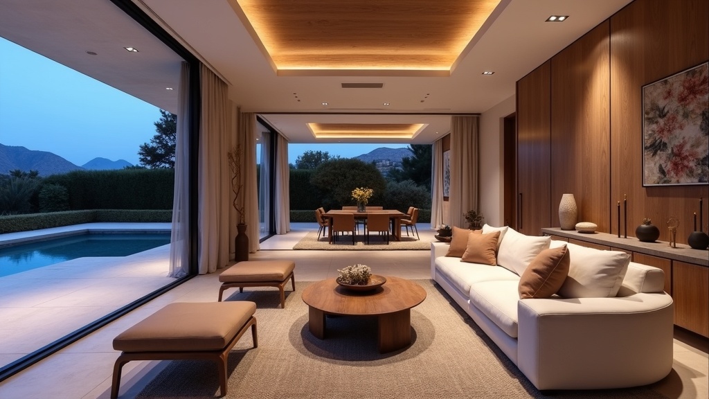 Luxe interieur Costa del Sol woning, terras toegang. Visualiseer klimaatimpact op natuur Costa del Sol via duurzame keuzes.