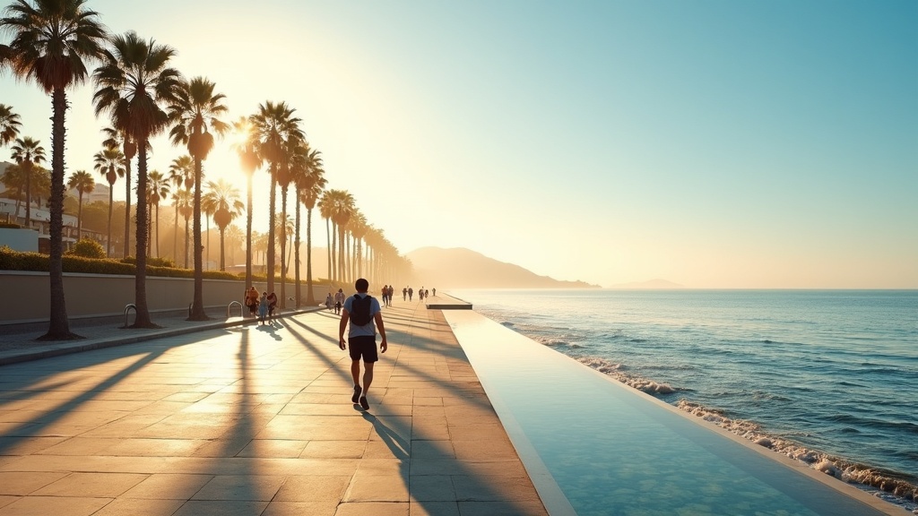 Välimeren ilmasto ja luonto Costa del Solilla: Aamuinen rantapromenadi palmupuiden katveessa kutsuu nauttimaan elämästä.