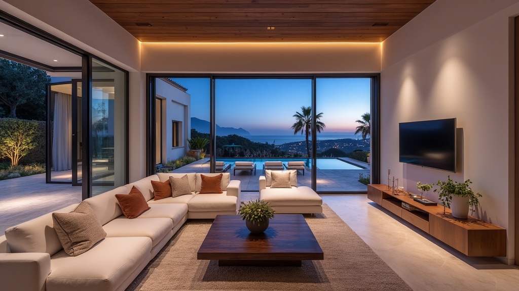 Ympäristöystävällinen elämäntapa Costa del Sol: moderni olohuone, terassi, iltavaloa, luksusta kestävään asumiseen.
