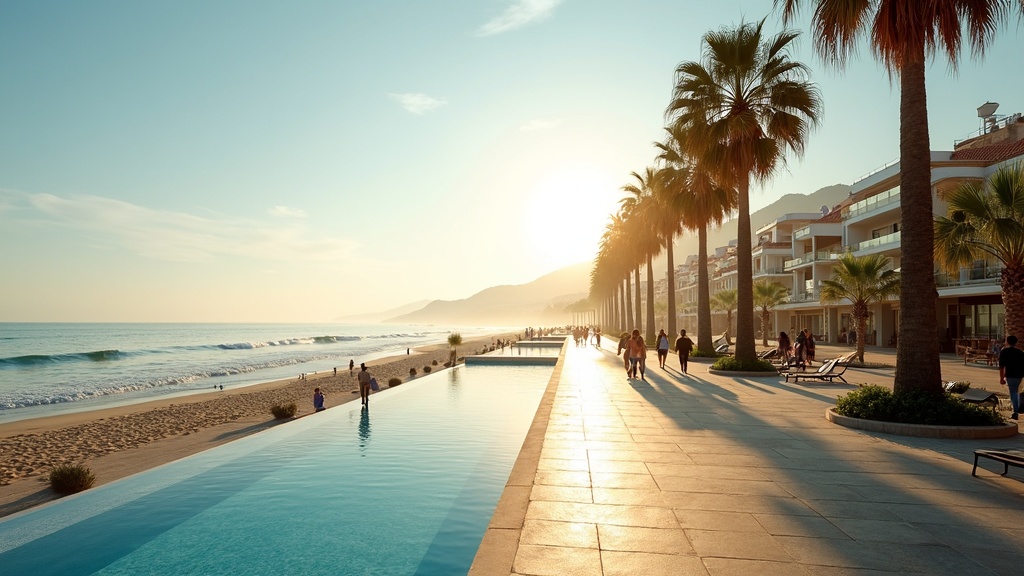 Morgenlys ved strandpromenaden: Nyd kystlivet og nem adgang til naturparker på Costa del Sol.