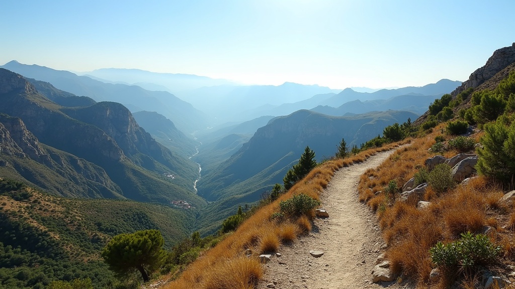 Sunlit Sierra de Mijas Costa del Sol hiking trail views, Sierra de las Nieves Nationalpark Costa del Sol in the distance.