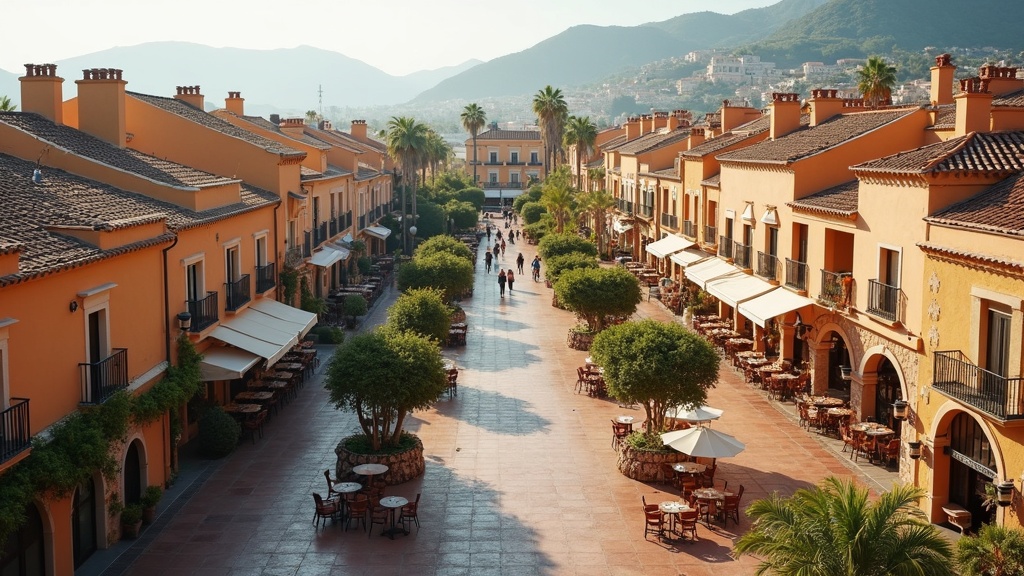 Charmerende spansk plaza i eftermiddagslys, der inviterer til ro og frisk luft i Costa del Sol – en drøm for moderne boliger i grønne omgivelser.