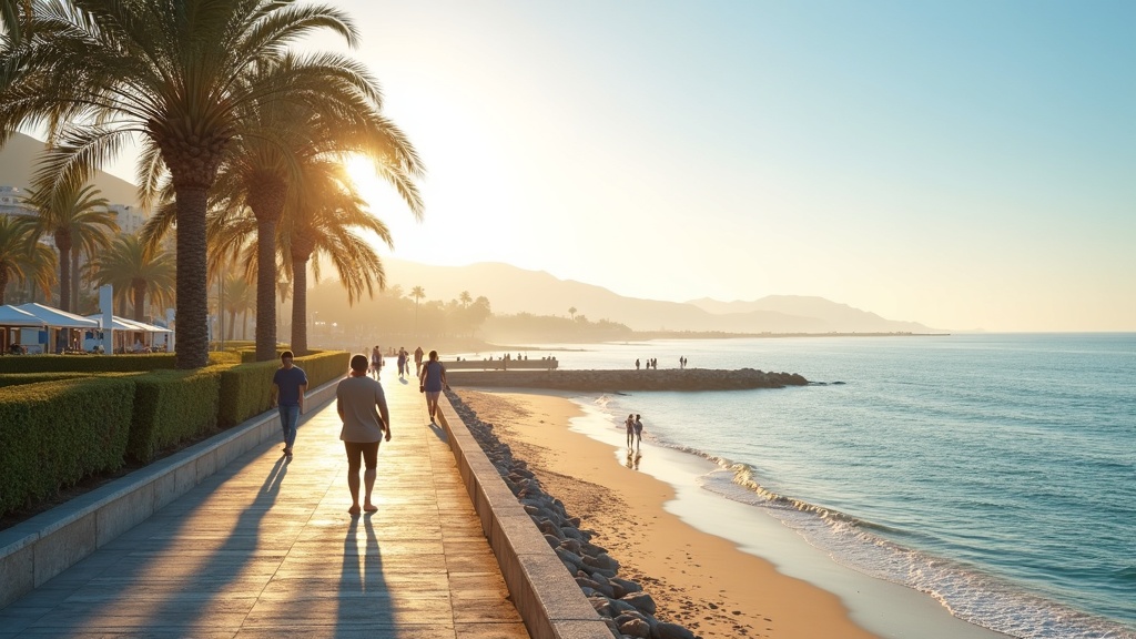 Middelhavsklima & sund livsstil på Costa del Sol: Solbeskinnet strandpromenade med palmer, mennesker, hav i gyldent morgenlys.