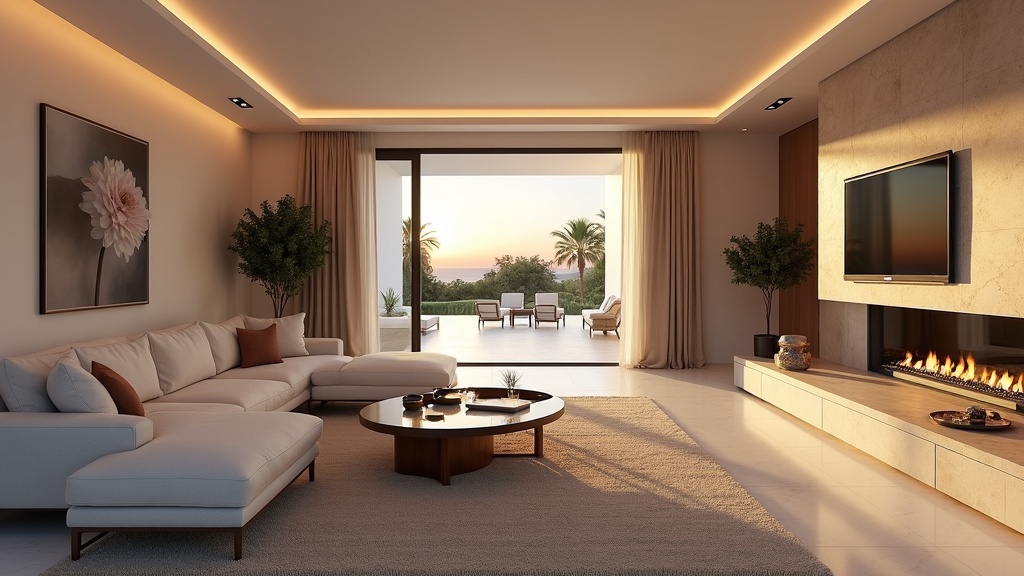 Andalusisk luksusinteriør: Rummelig stue med solnedgang, moderne møbler, terrasseadgang. Stressreducerende klima, bedre søvnkvalitet Costa del Sol.