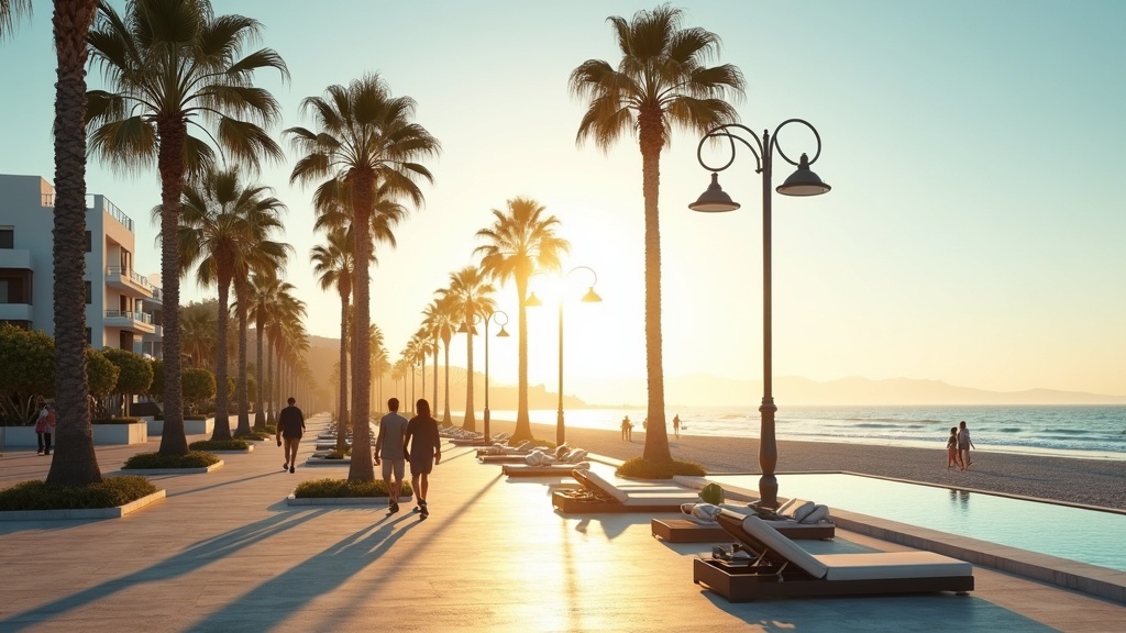 Golden morning light on Costa del Sol beach promenade, palm trees, and people walking, showcasing wellness Costa del Sol lifestyle.