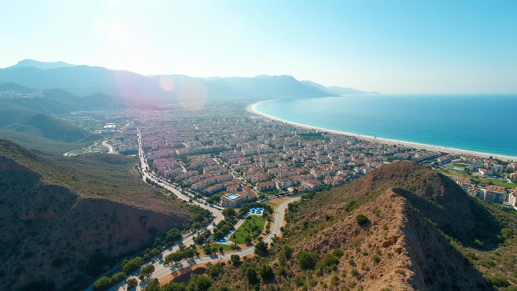 Panoramavy över Costa del Sol med kustlinje, stränder och berg. Upptäck lyxiga spaanläggningar vid kusten & thalassoterapi.