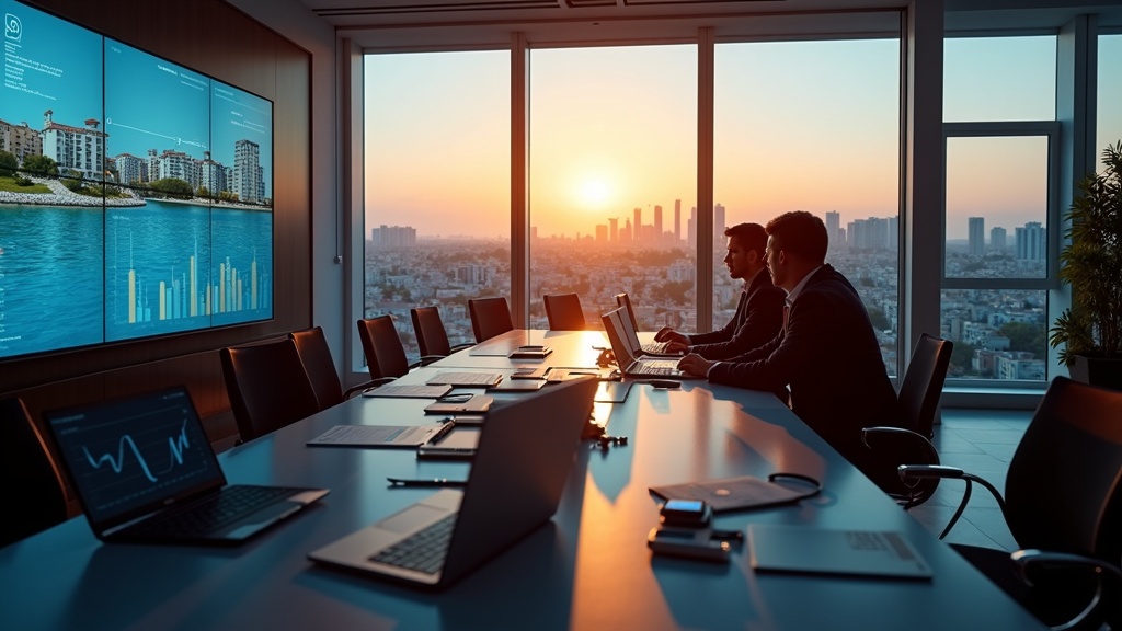 Modern office with Costa del Sol skyline, analysts reviewing data for local festivals Andalusia insights, warm amber tones.