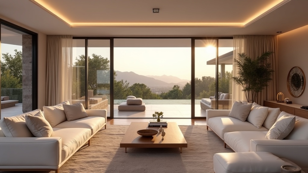 Modern luxury villa living room, warm amber light, high-end design. Compare this authentic Costa del Sol holidays retreat.