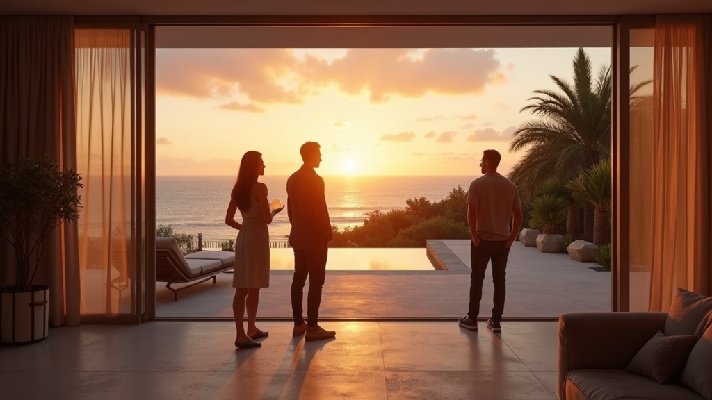 International buyers viewing a luxury modernist property at sunset during authentic Costa del Sol holidays, exploring features.