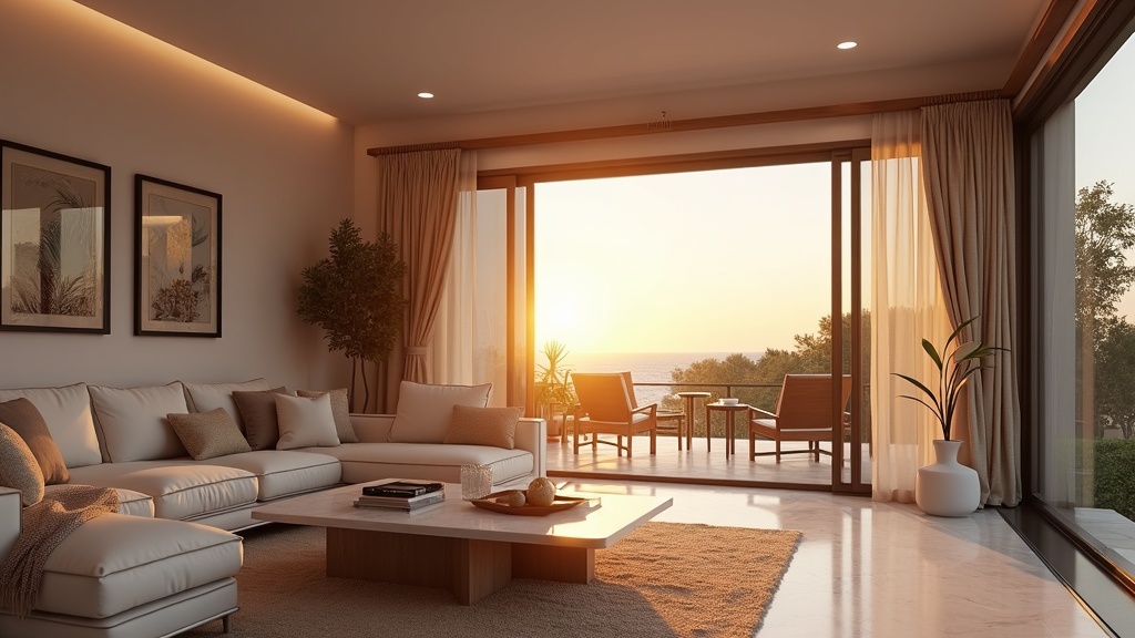 Investissement immobilier Costa del Sol santé: intérieur de propriété côtière de luxe, salon spacieux et lumineux, design espagnol.