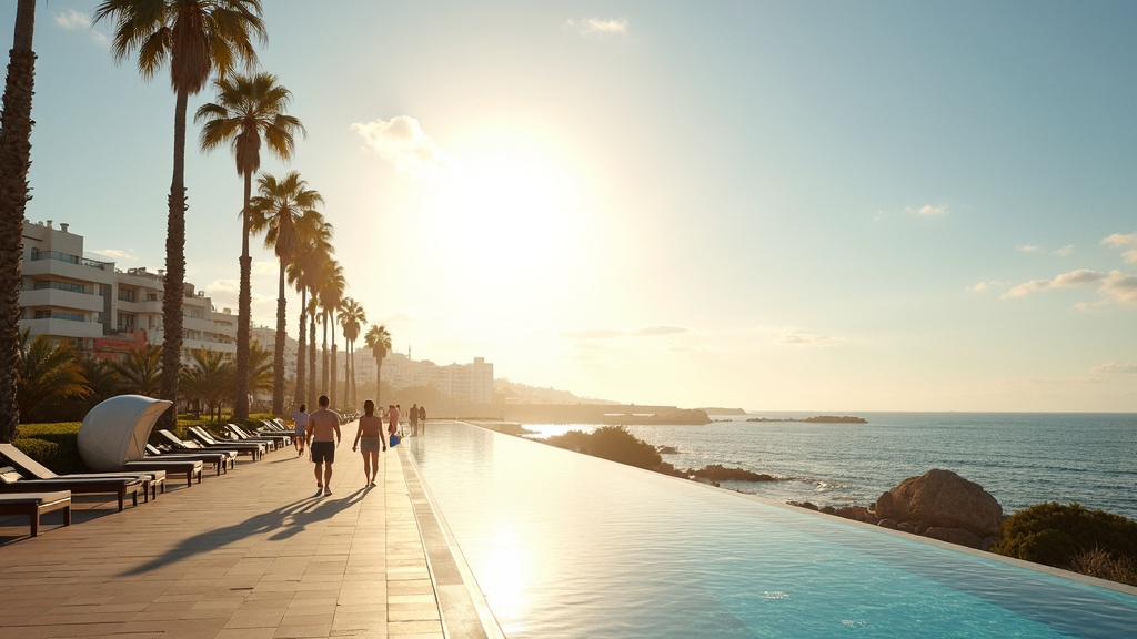 Mittelmeerklima Costa del Sol: Leben an sonniger Strandpromenade mit Palmen, ganzjährig mildes Wetter genießen.