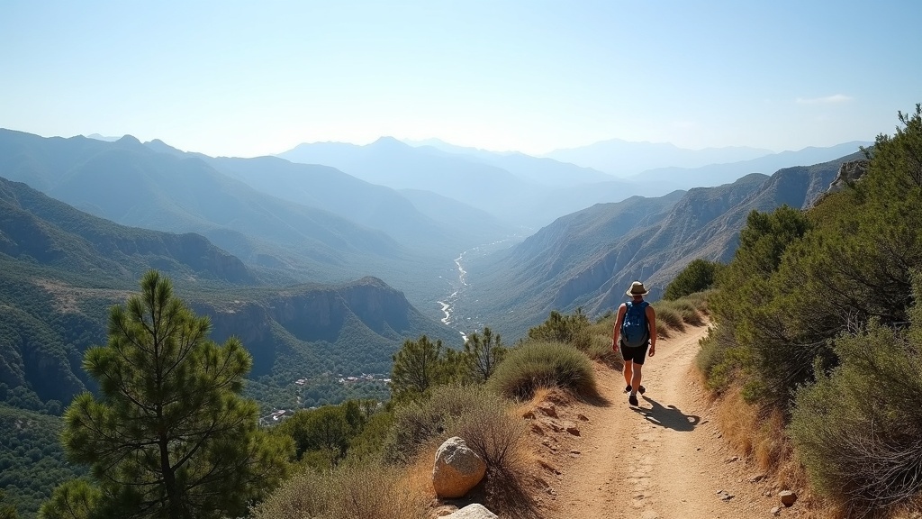 Qualité de l'air marin Costa del Sol: Montagnes Sierra Blanca, ciel bleu et sentiers de randonnée pour une santé respiratoire optimale et des ions négatifs bénéfiques.