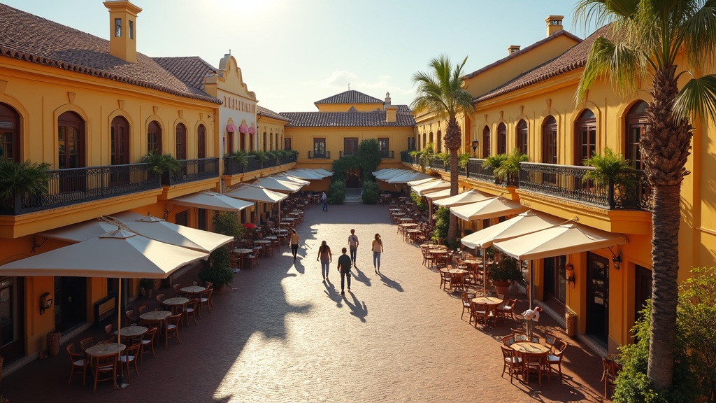 Mode de vie actif Costa del Sol: Charmante place espagnole, repas en plein air, ambiance locale méditerranéenne ensoleillée, inspirant un régime sain.