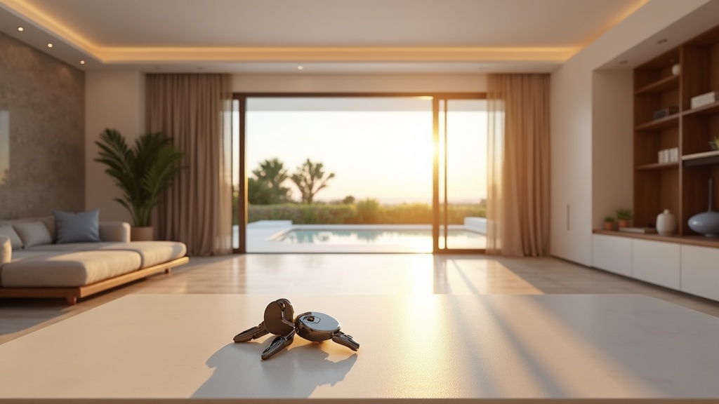 Acheter résidence Costa del Sol: Hall d'entrée moderne, clés sur table. Prêt pour un investissement immobilier Costa del Sol, bienfaits climat méditerranéen, longévité et bien-être.