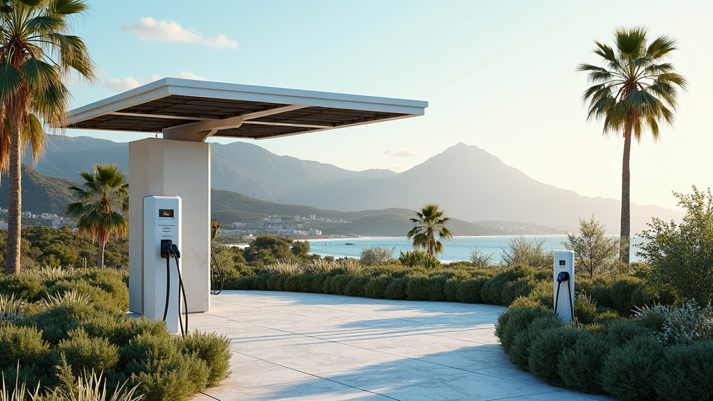 Sunrise over a sleek EV charging station with solar canopy at new-build homes Spain Costa del Sol, showcasing climate resilience amidst Sierra de Mijas mountains & golden beaches.