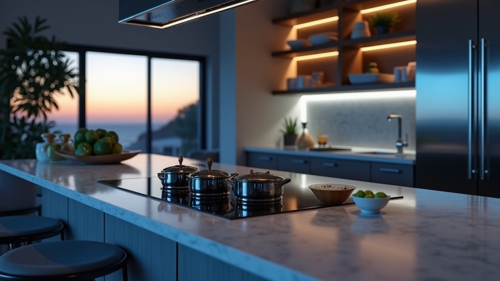 Modern kitchen in a new-build home Costa del Sol: A+++ appliances, LED lighting, and sleek design for coastal/inland climate resilience comparison.