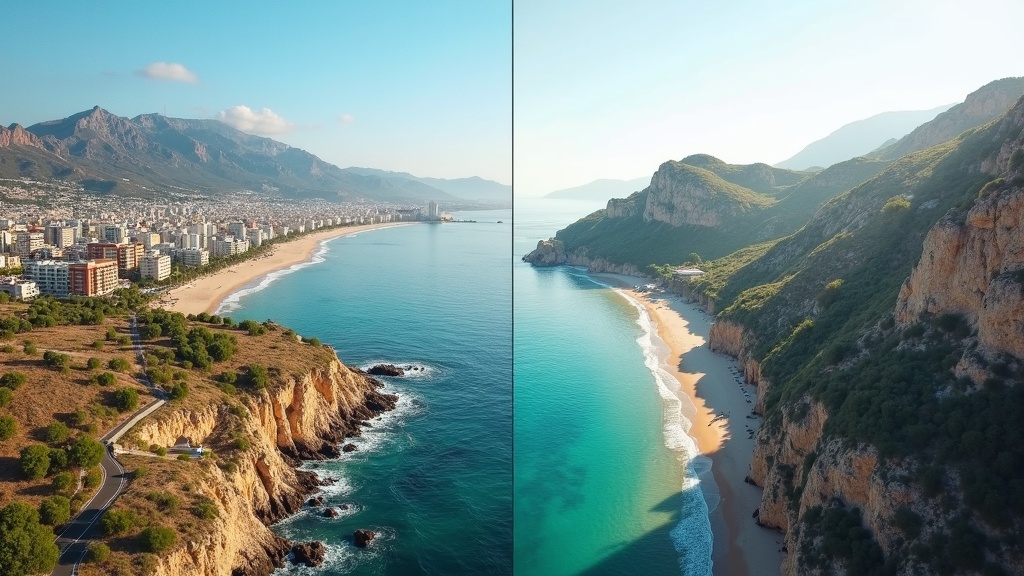 Aerial view contrasting vibrant urban and serene natural landscapes, inspiring those who invest in homes near Málaga Airport Costa del Sol.